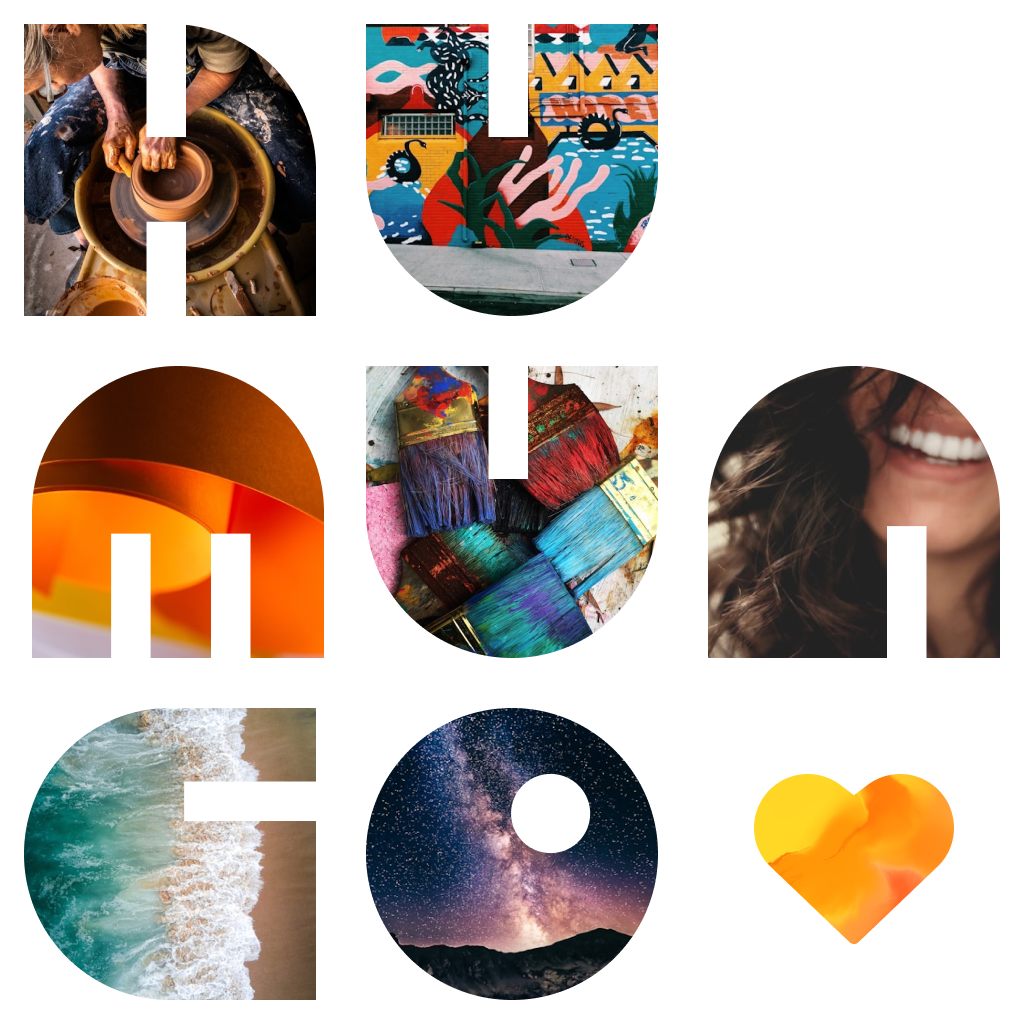 The word Humunco spelled with photographs of art, craft, and nature